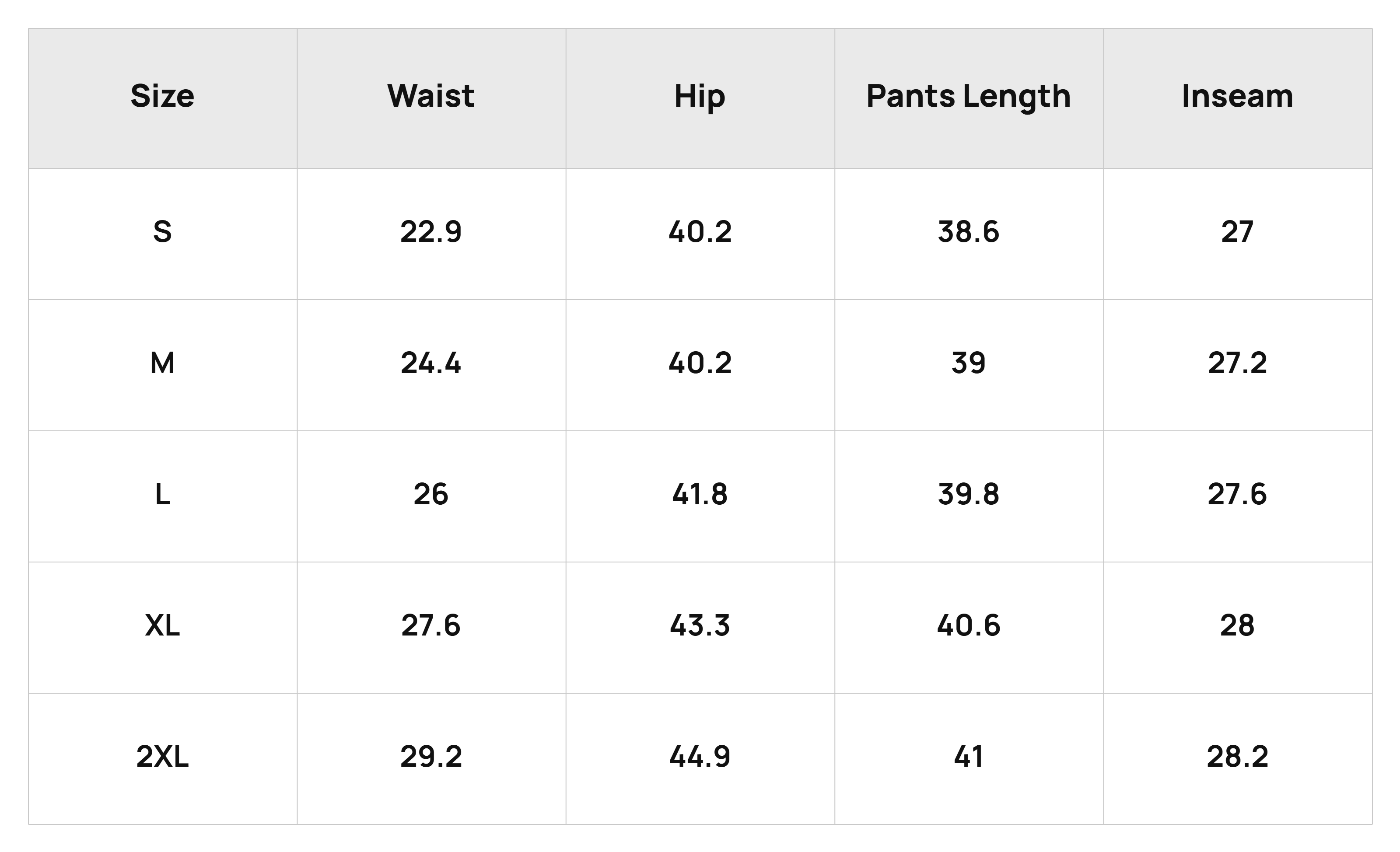 Size Chart Bottoms Product Size Chart