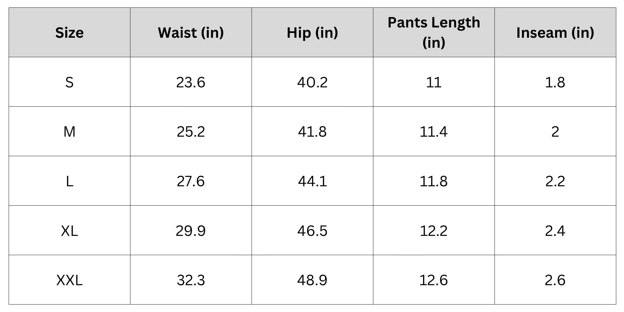 Size Chart Size Chart