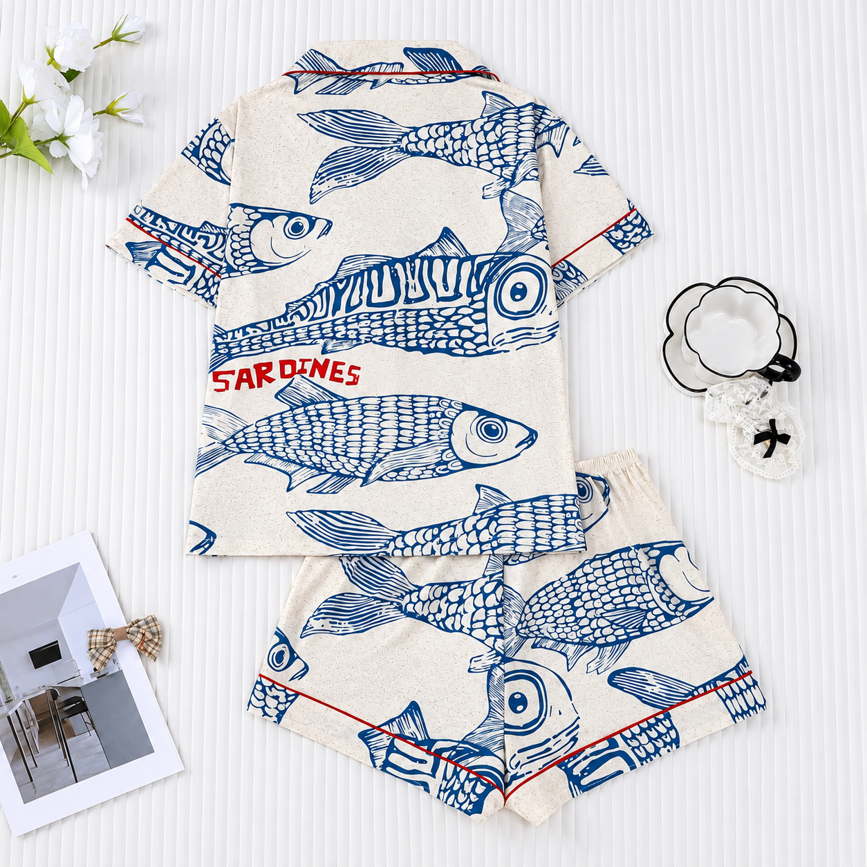 2 Pieces Sardine Printed Pajama Shorts Set For Women