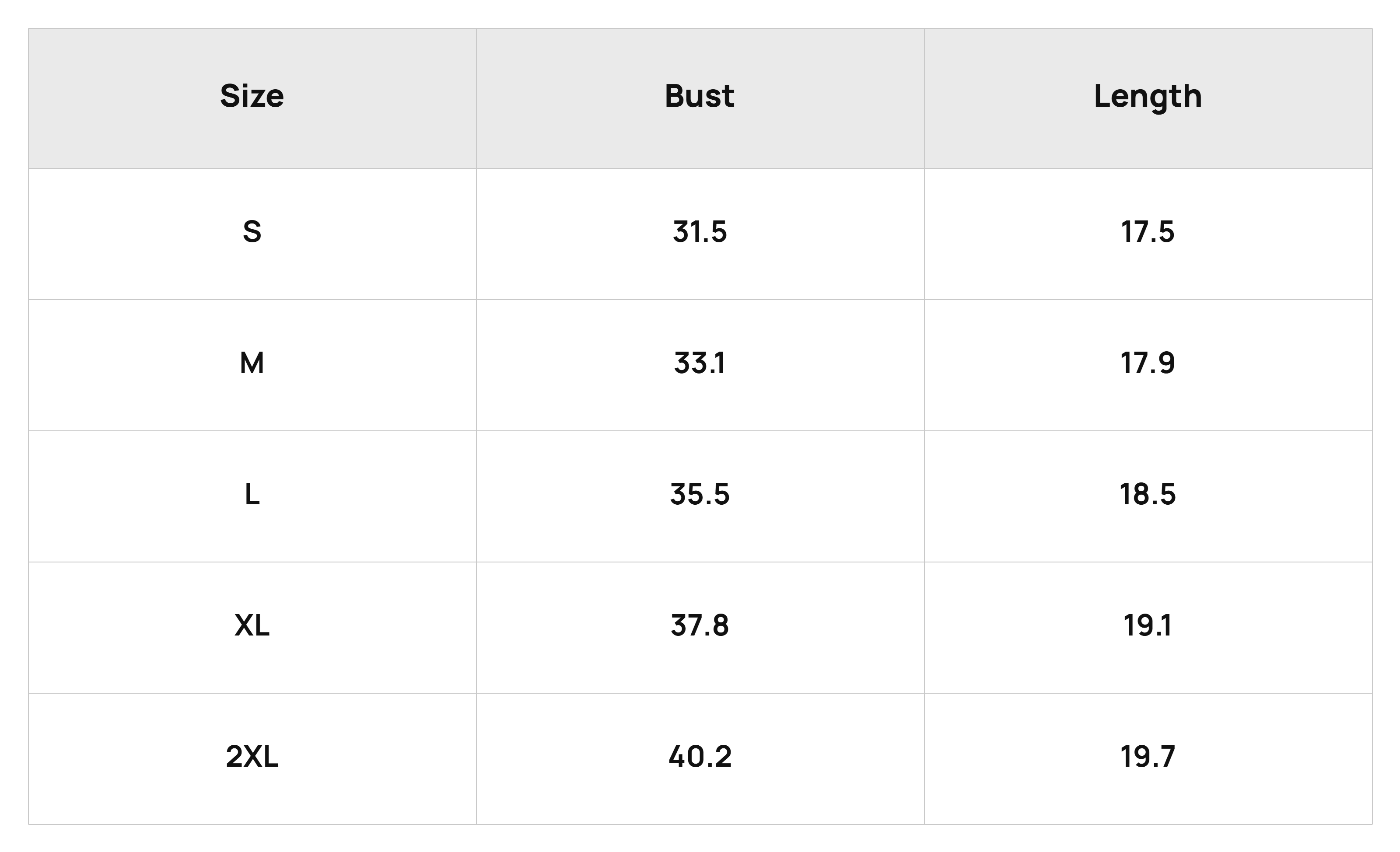 Size Chart Tops Product Size Chart