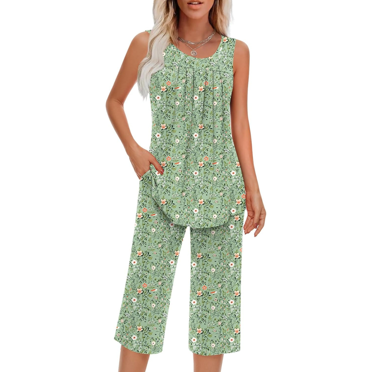 2 Piece Pajama Set Soft Summer Sleeveless Tank Top And Pants With Pockets For Women