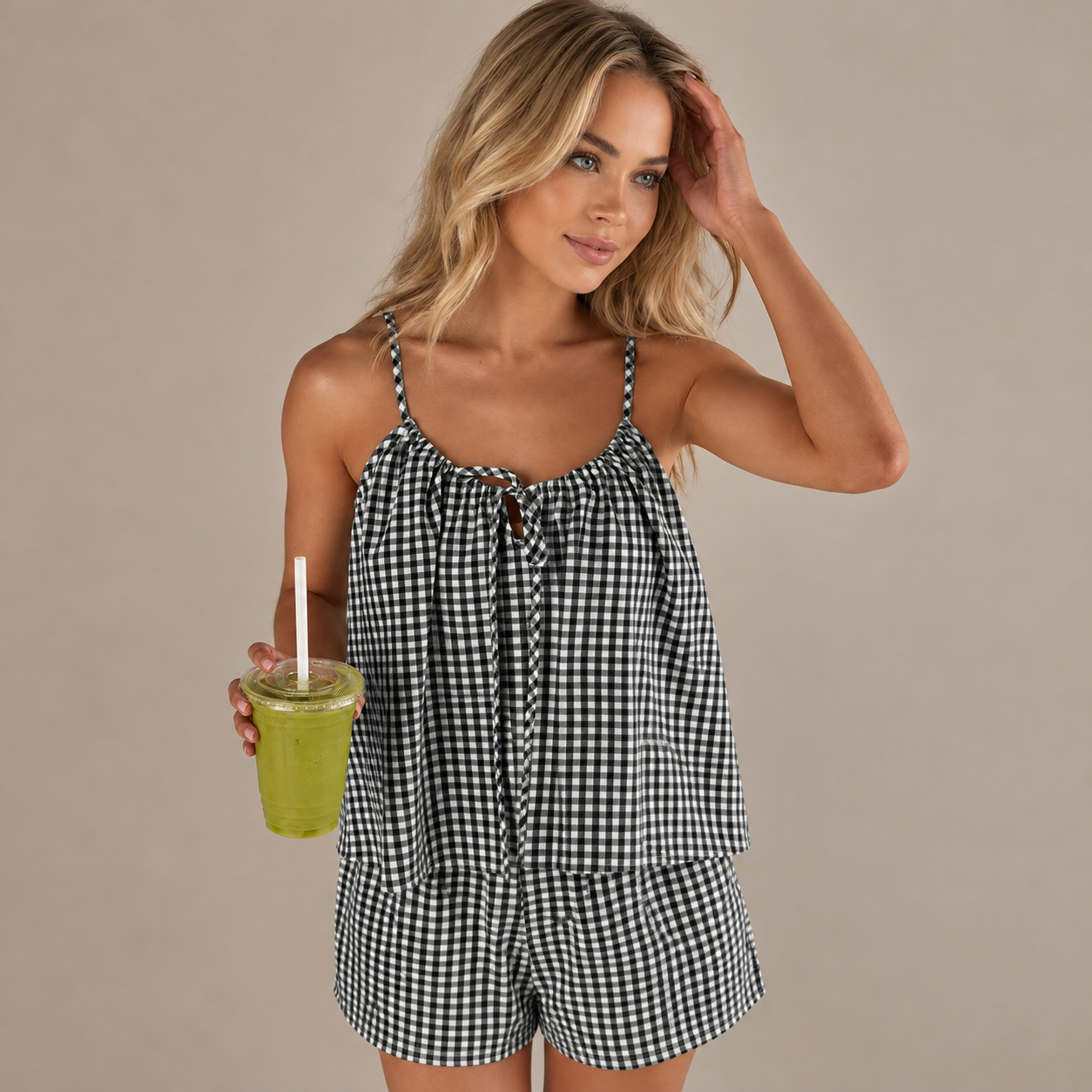 Plaid Front Tie Strap Top and Shorts 2 Piece Pajama Set for Women