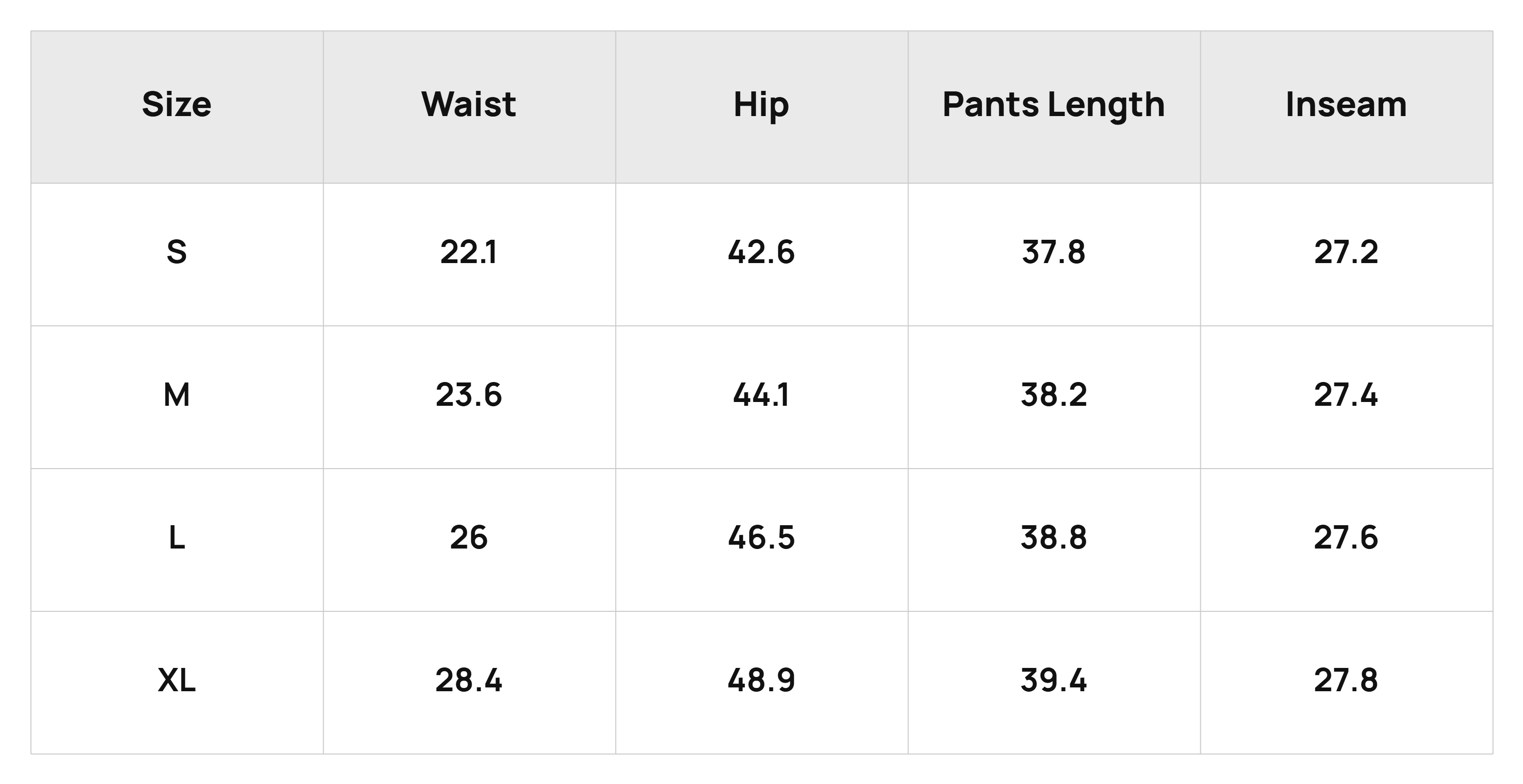 Size Chart Bottoms Product Size Chart