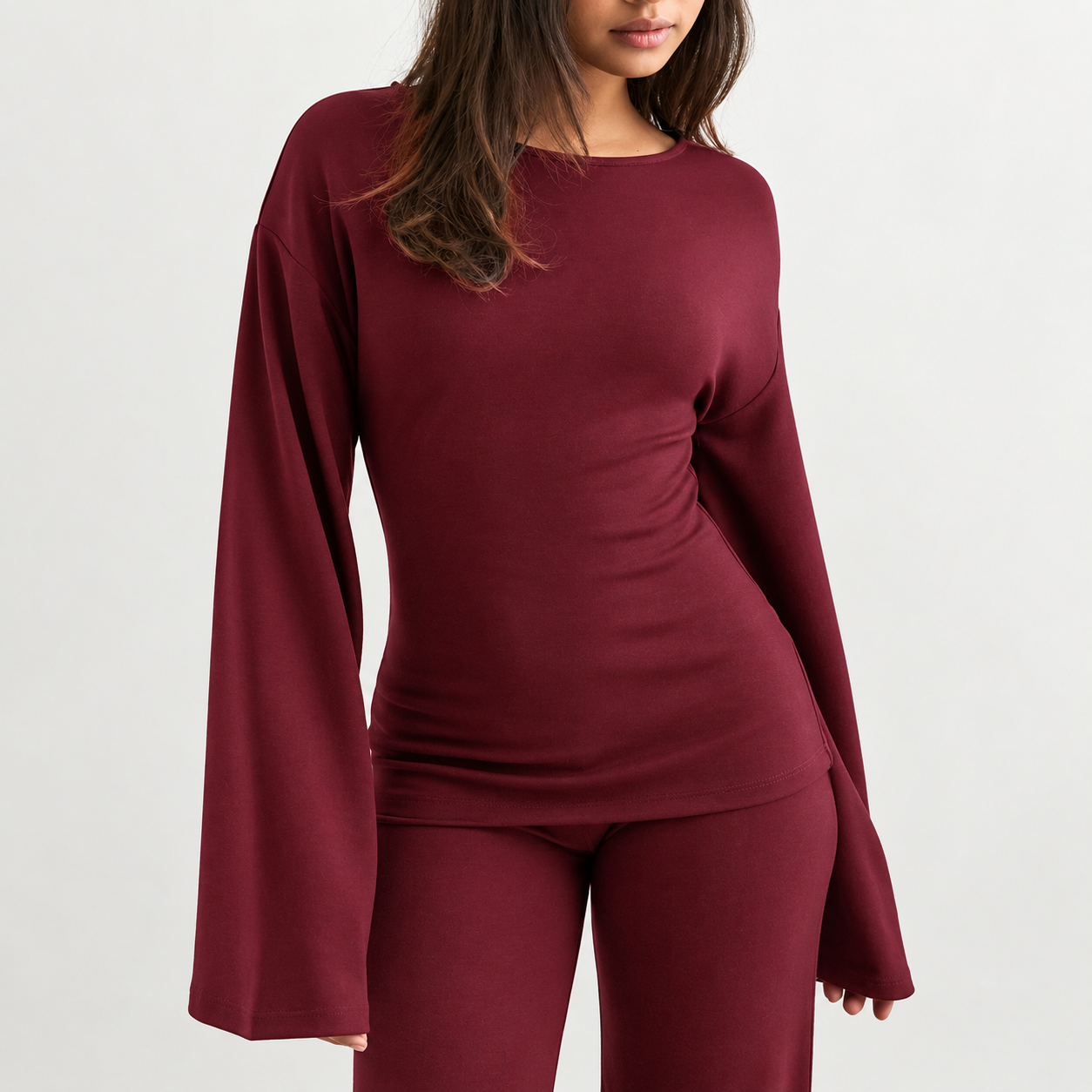 2 Pieces Flare Sleeve Top And Straight Length Pants For Women
