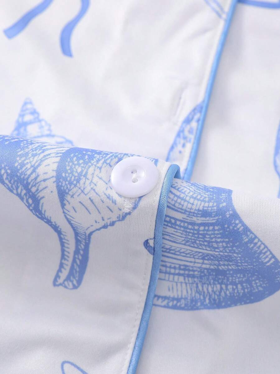 2pcs Women Pajama Set, Seashell Print, Ladies Homewear, Spring/Summer Holiday Outfit, Short Sleeve Lapel Top And Shorts Can Be Worn Outerwear - White - View 8