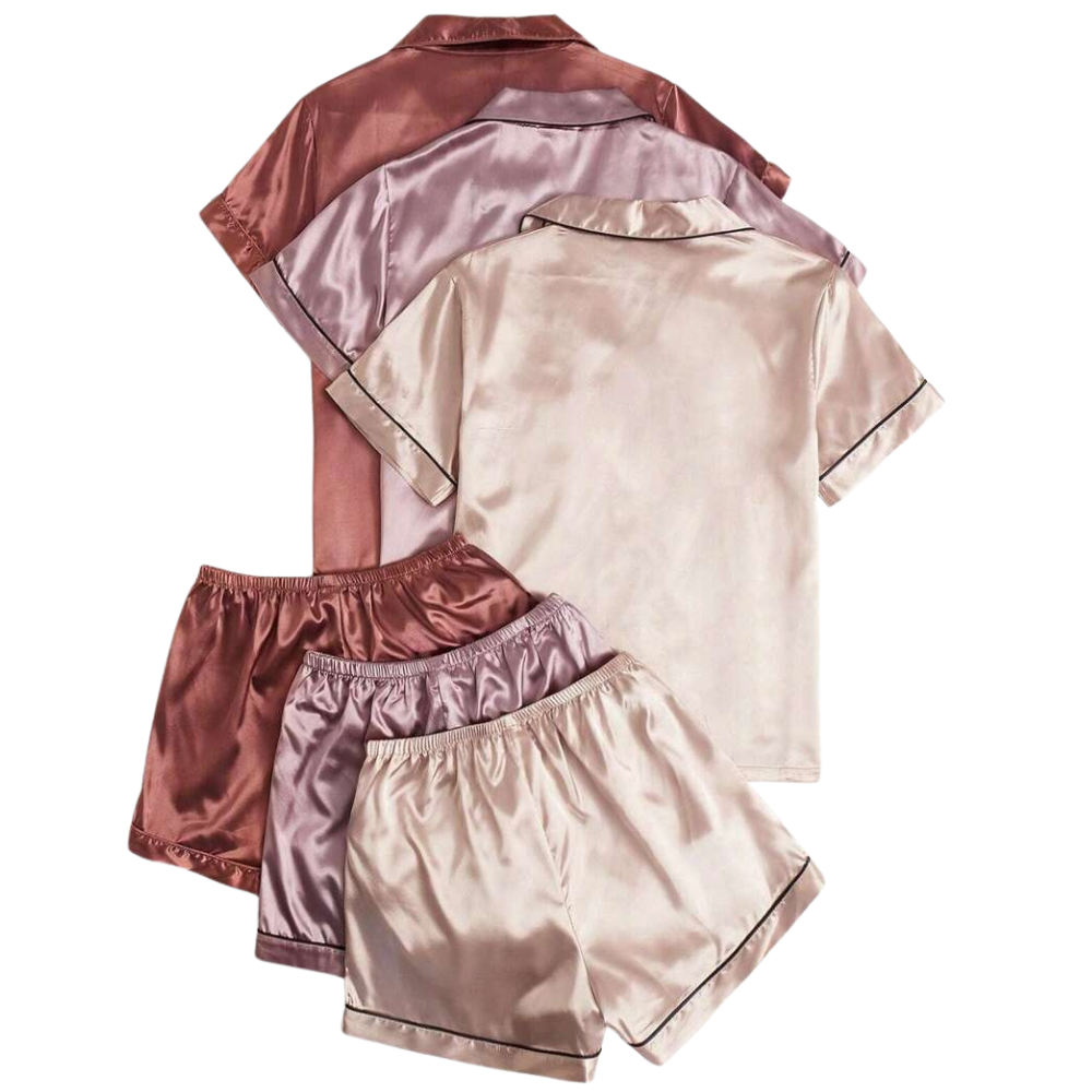 Pack Of 3 Contrast Piping Blouse And Shorts Set For Women 