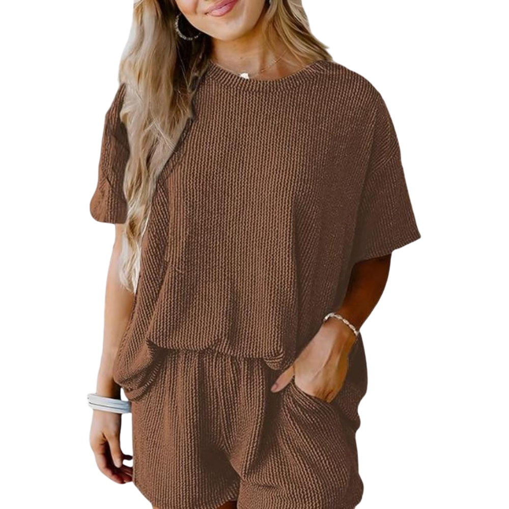 Ribbed Lounge Set Short Sleeve Top And Shorts with Pockets
