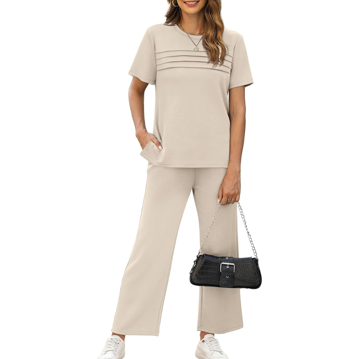 Two Piece Travel Set with Wide Length Pants For Women