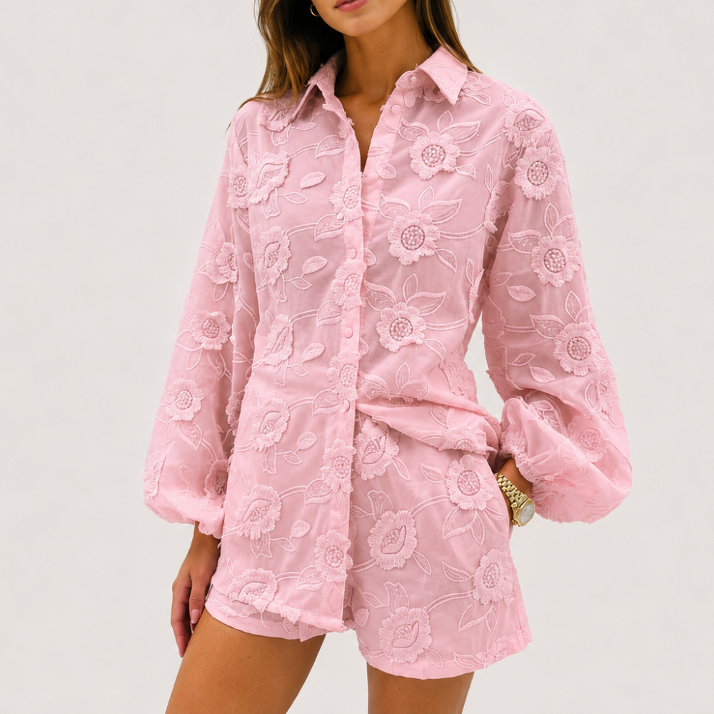 2 Piece Lace Jacket Top And Mini Shorts Set For Women