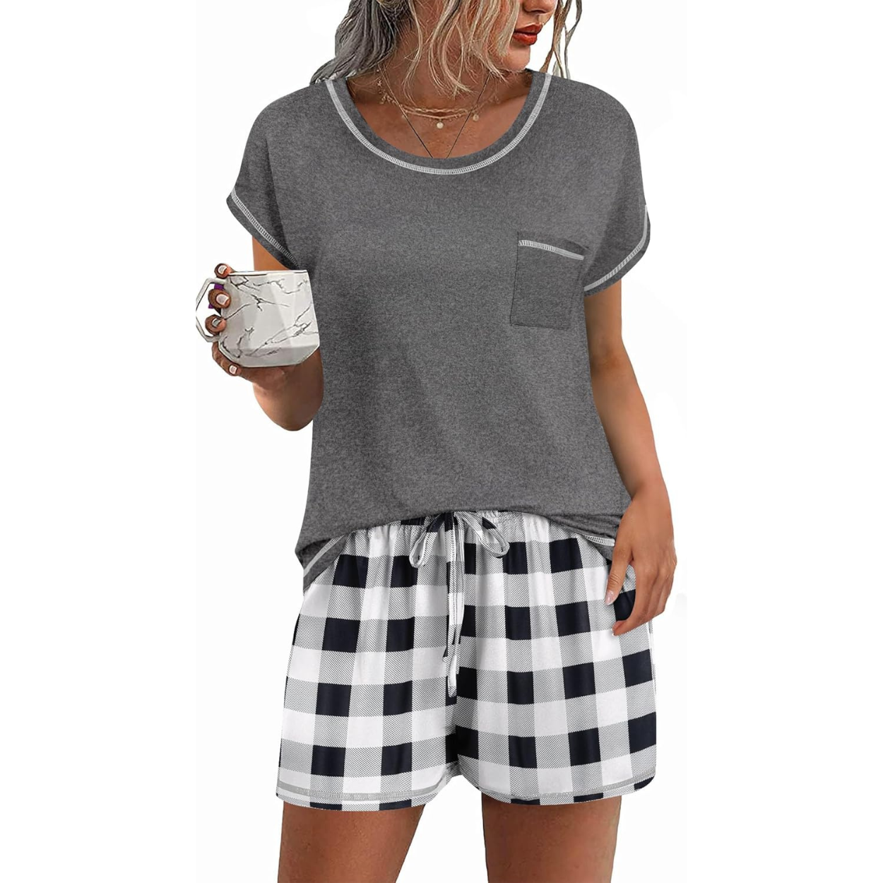 2 Piece Comfortable Pajama Set With Short Sleeve Top And Pocket Shorts For Women