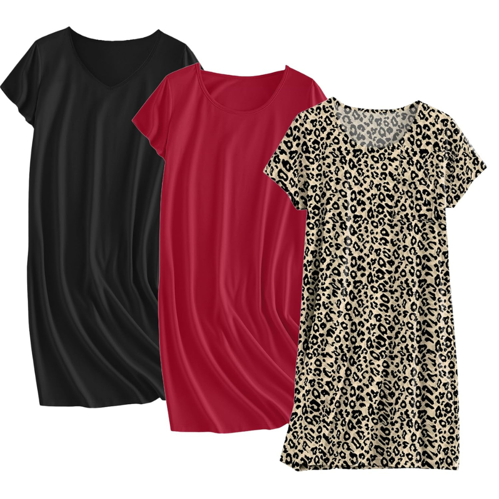 Pack Of 3 Soft Short Sleeve Sleepwear Dresses for Wo