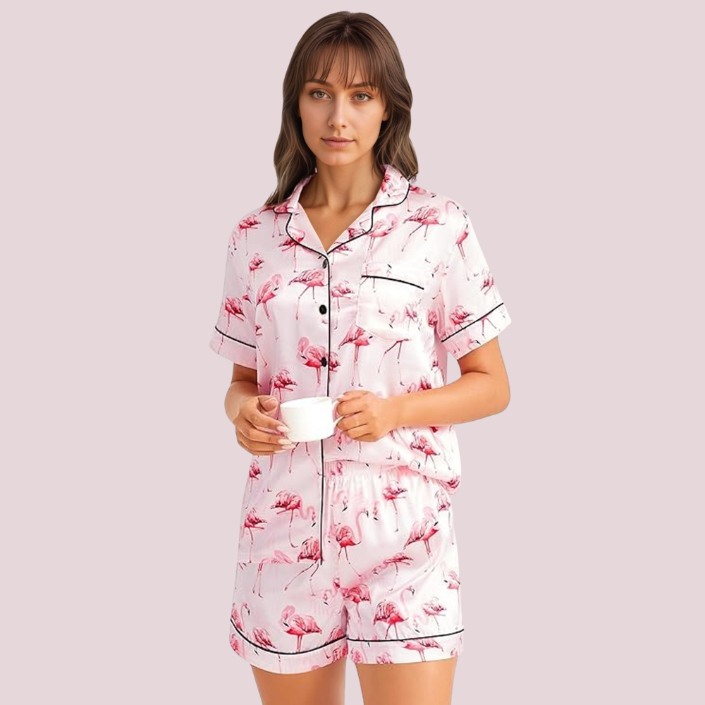 Women Satin Pajama Set With Short Sleeve Top And Shorts