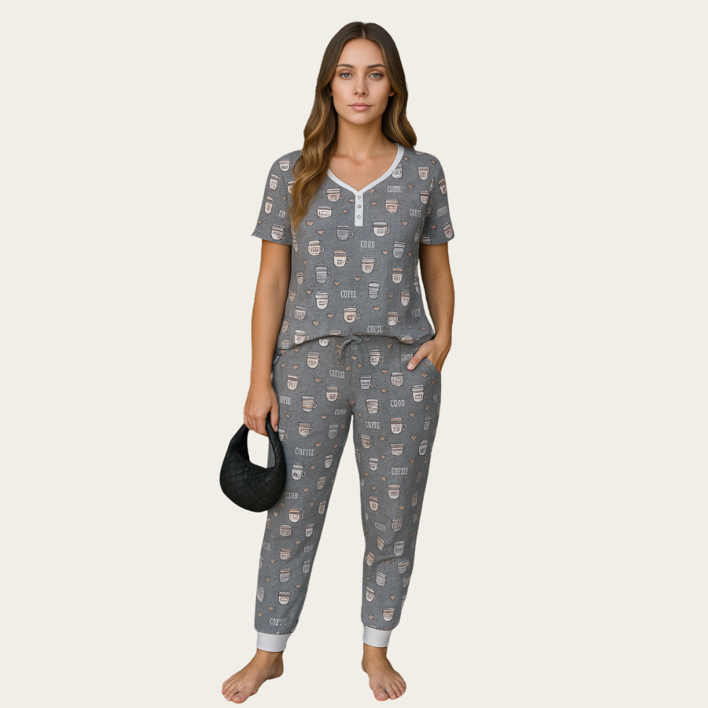 Women 2 Piece Pajama Set With Short Sleeve Lounge Top And Jogger Pants