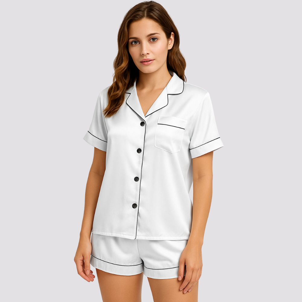 Womens Silk Satin Pajamas Short Sleeve Button Down Set