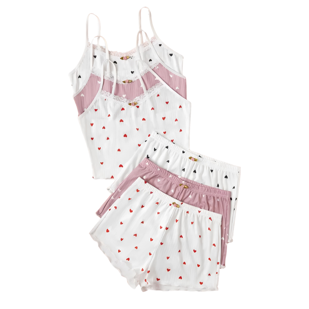 2 Piece Pajama Set With Sleeveless Cami Top And Trim Shorts For Women
