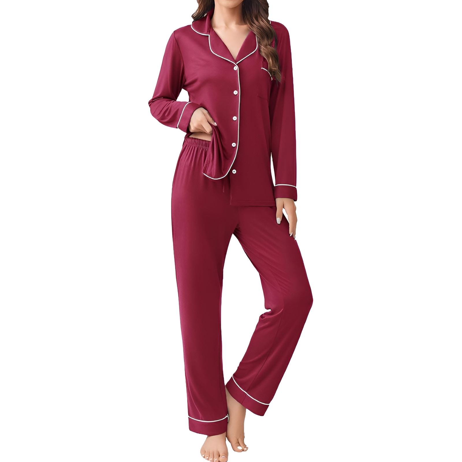 Long Sleeve Button Front Top Two Piece Pajama Set With Pants For Women