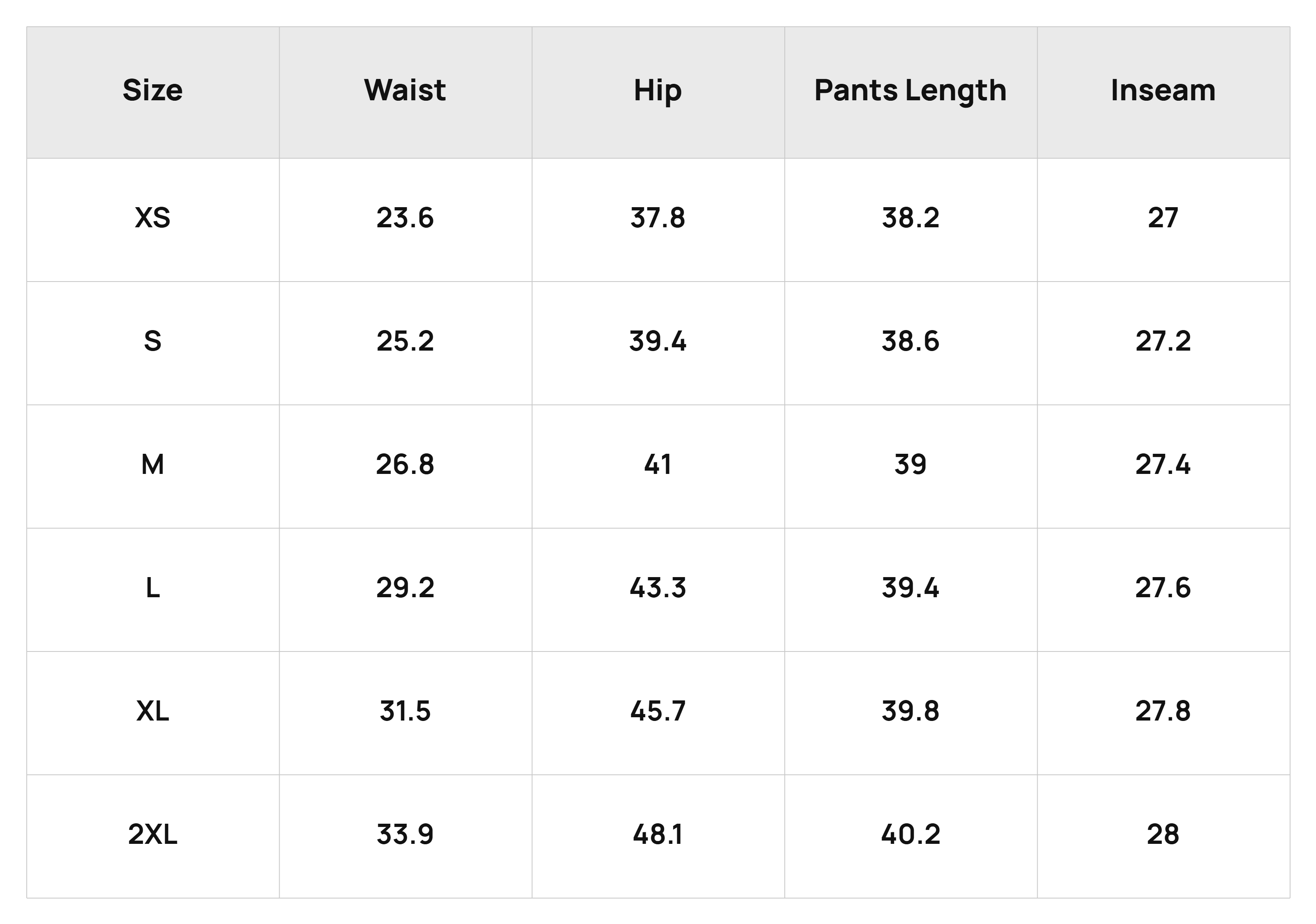 Size Chart Bottoms Product Size Chart