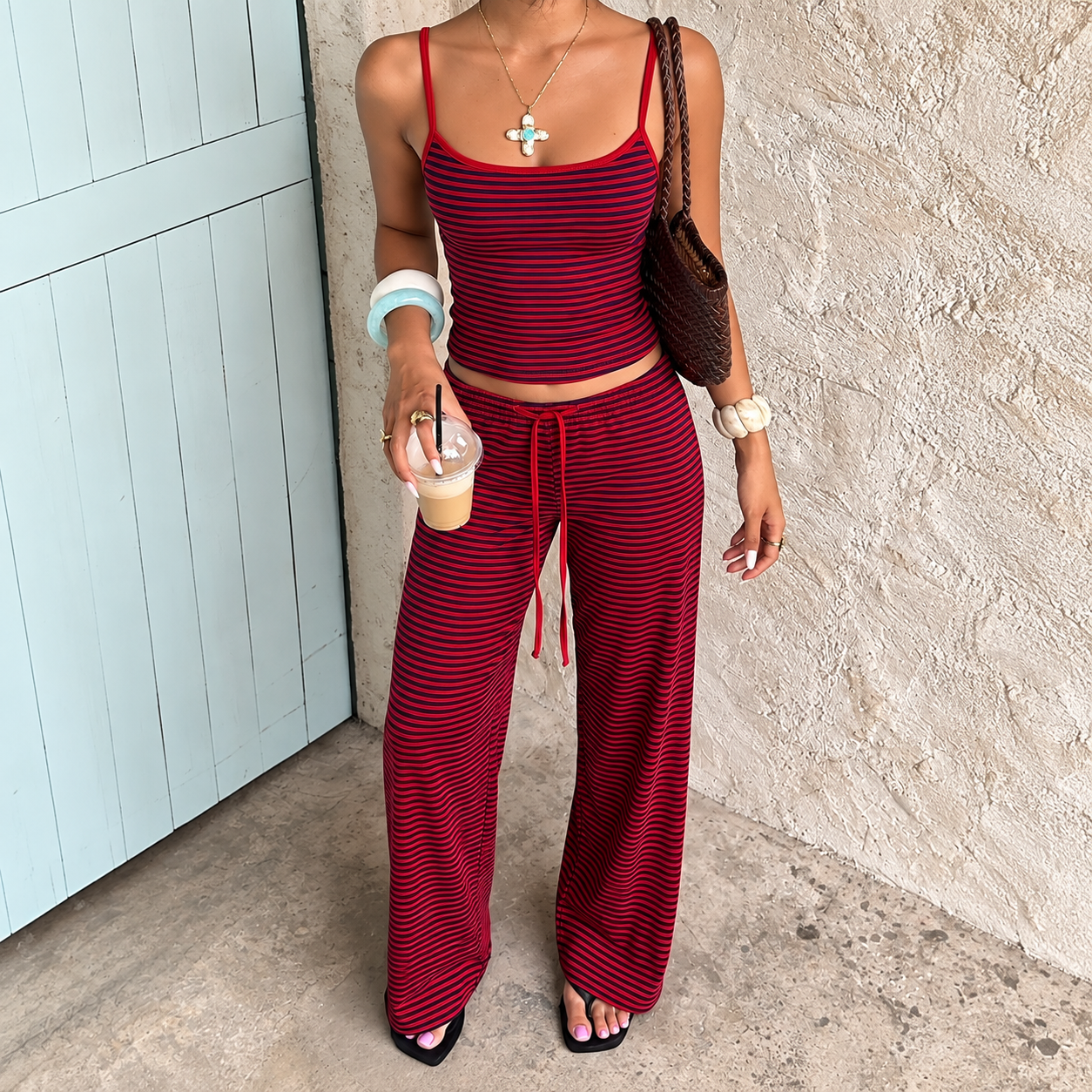 2 Pieces Striped Camisole Top And Pants Set For Women
