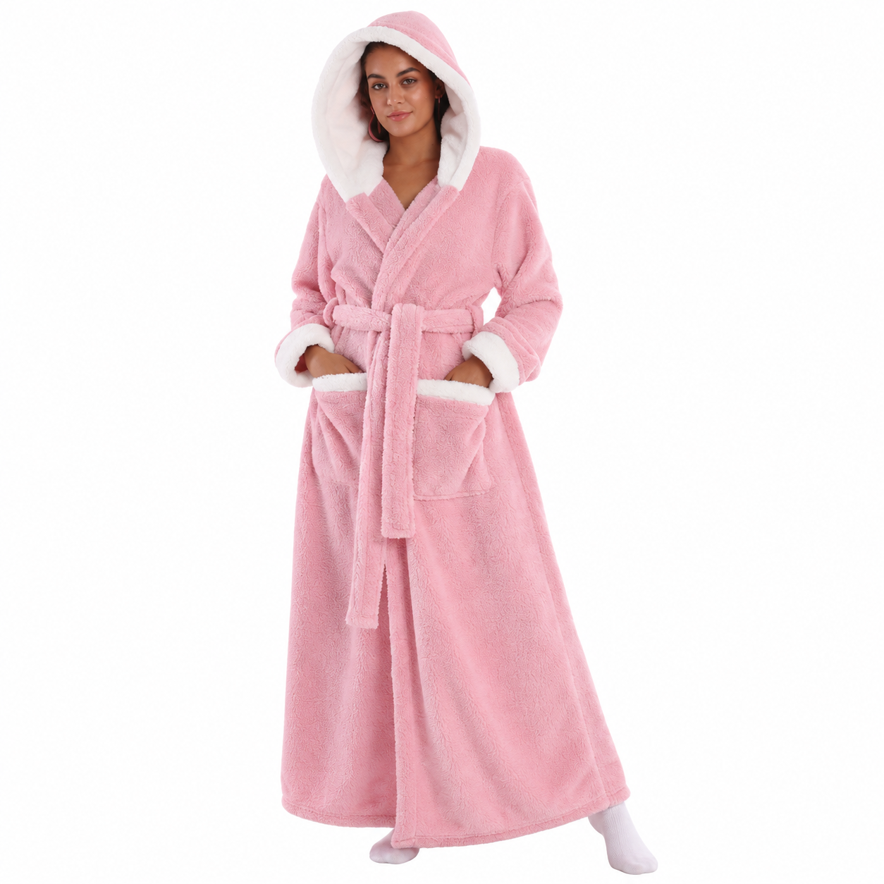Soft Cozy Long Sleeve Full Length Hooded Sherpa Fleece Bathrobe For Women