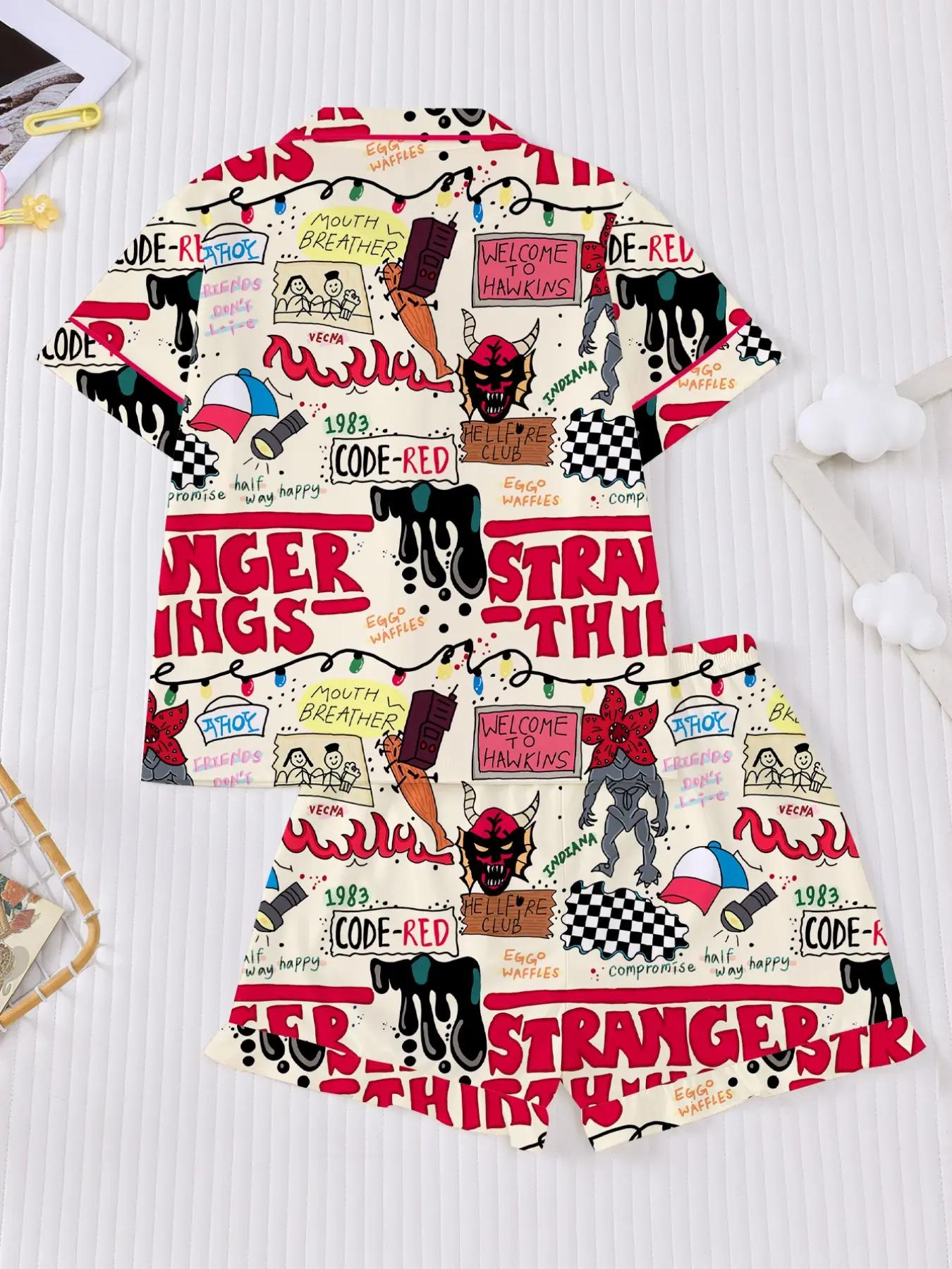 2 Pieces Short Sleeve Cartoon Graphic Loungewear Set for Women