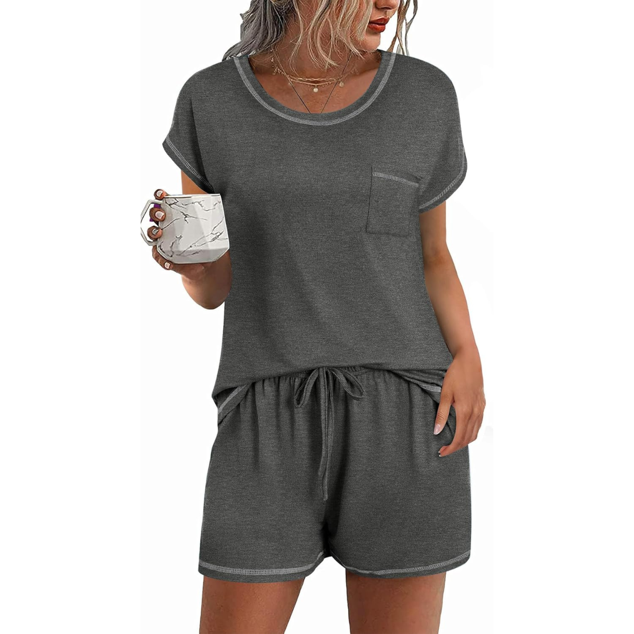 2 Piece Comfortable Pajama Set With Short Sleeve Top And Pocket Shorts For Women