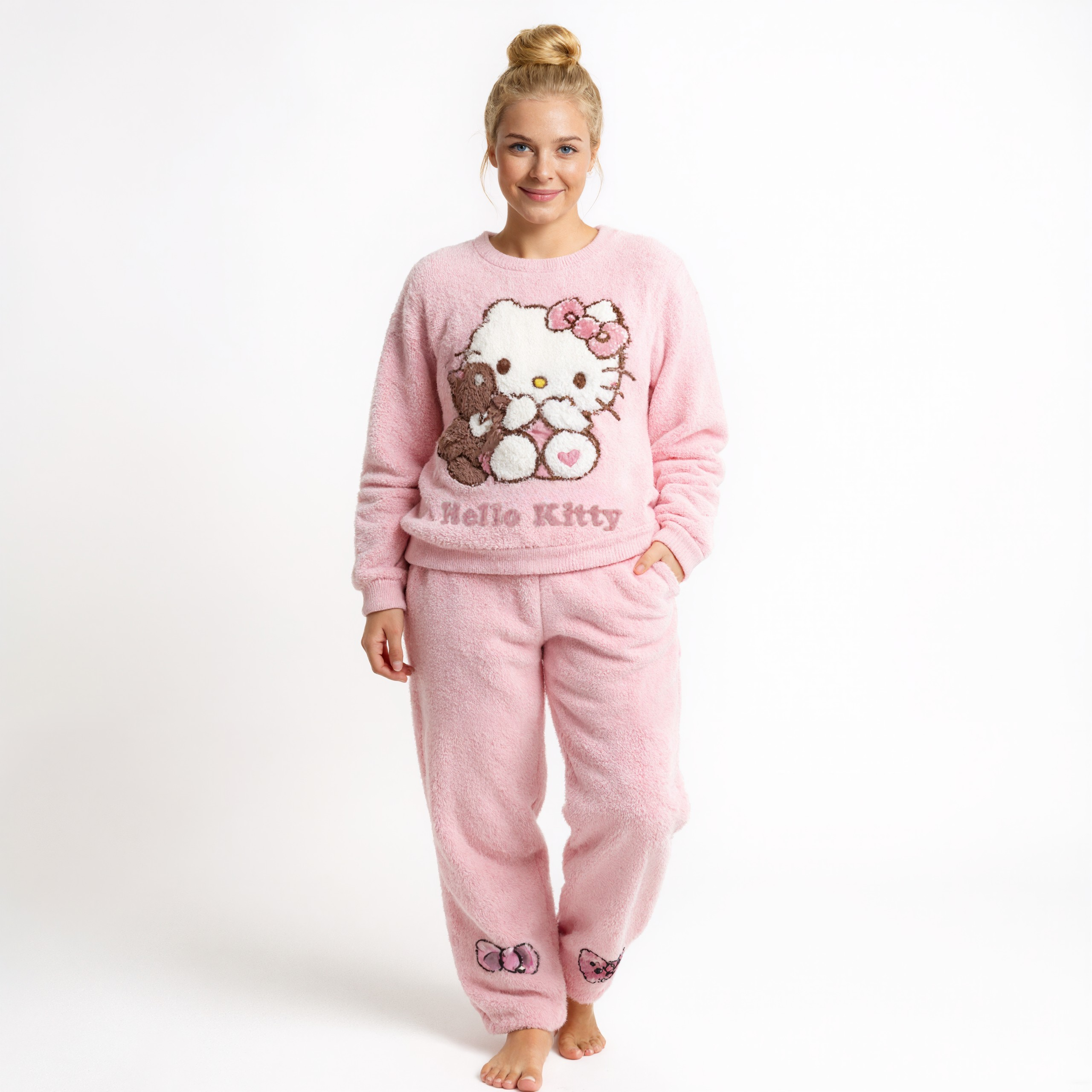 Cartoon Cat Thick Fleece Pajama Set For Women
