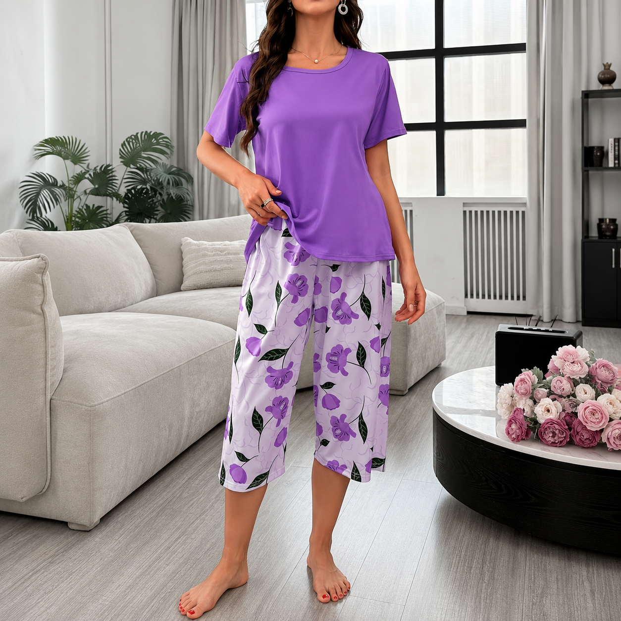 Casual Short Sleepwear Stretchy Sleeve Set Pajama For Women 