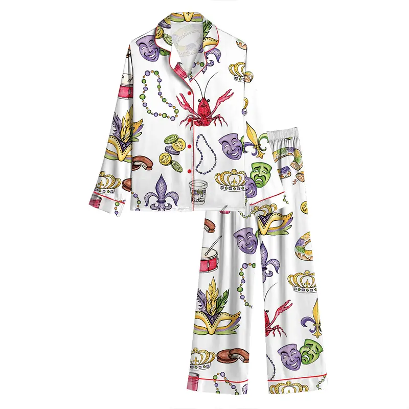 Product Introduction of Mardi Gras Beads King Cake Crawfish Pajama Set For Women Print Comfy Satin Sleepwear & Loungewear Pjs Short Sleeve Top & Bottoms Shorts Without Pockets - SHESHOW 5