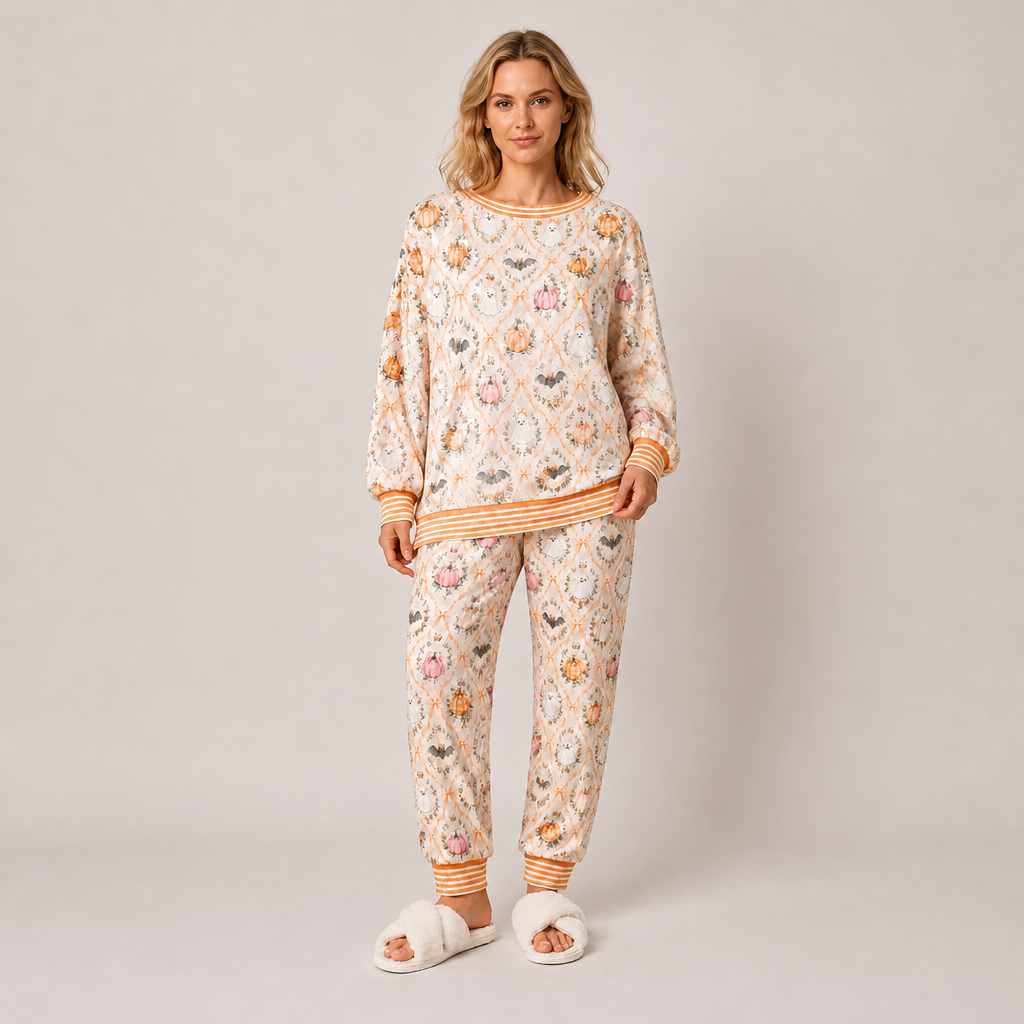 Halloween Pumpkin Print Two Piece Loungewear Pajama Set for Women