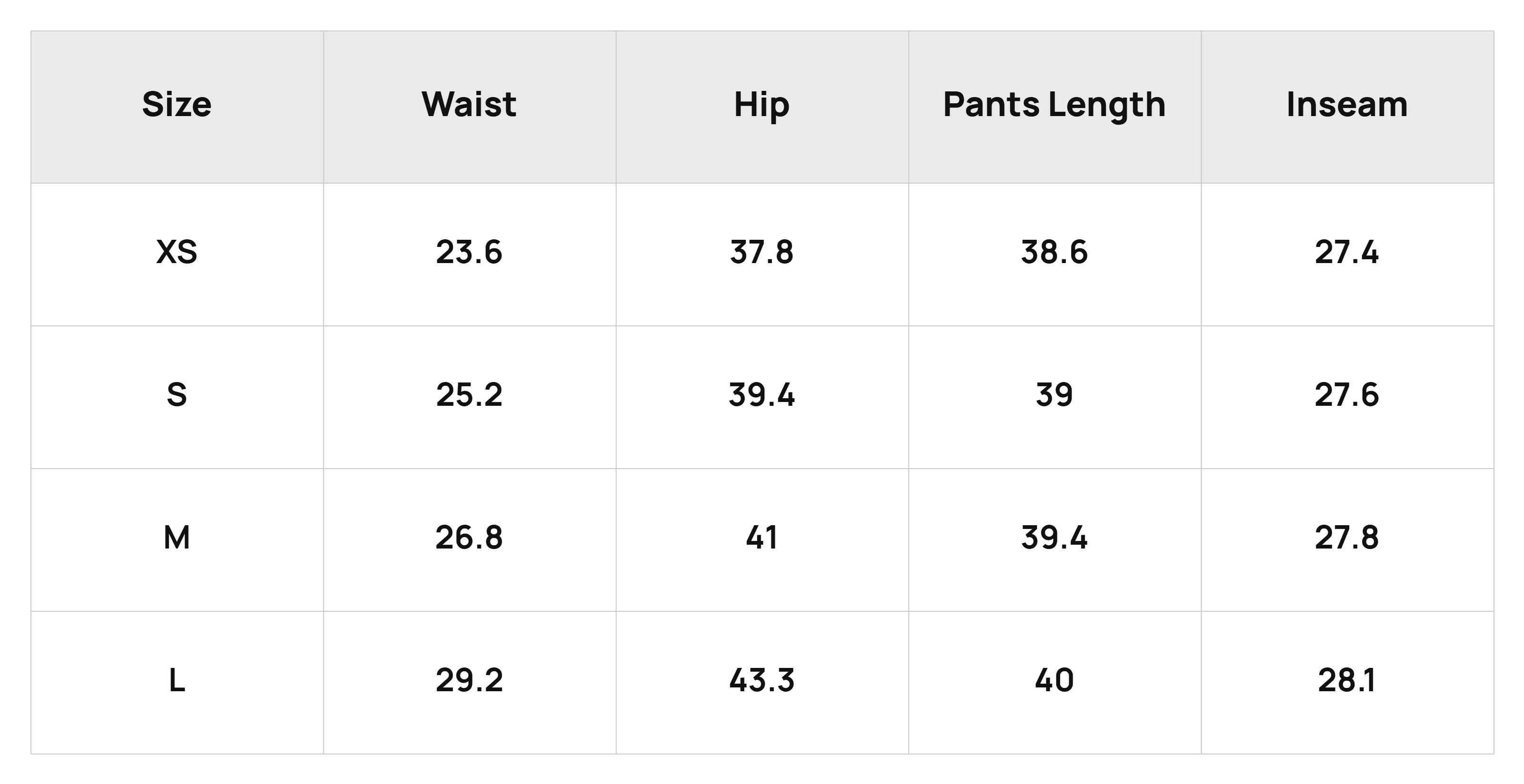 Size Chart Bottoms Product Size Chart