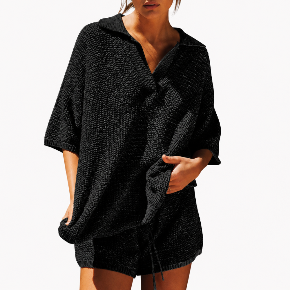 Casual 2 Piece Oversized V Neck Knit Top And Shorts Set For Women