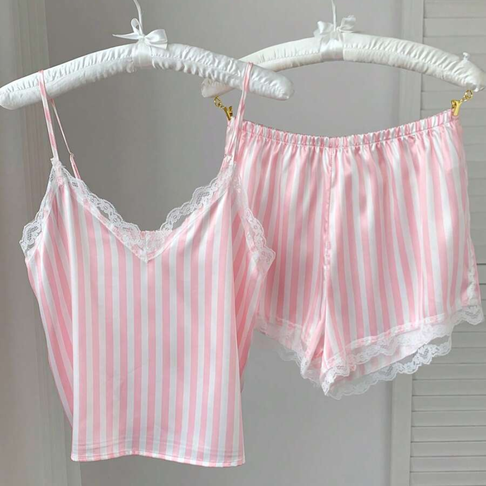 Vertical Stripe Lace Trim Satin Cami Top And Shorts Pajama Set For Women