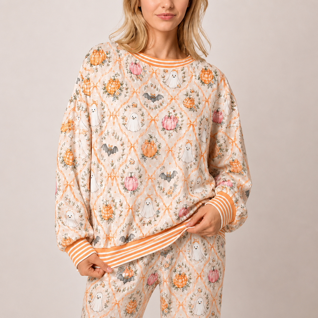Halloween Pumpkin Print Two Piece Loungewear Pajama Set for Women