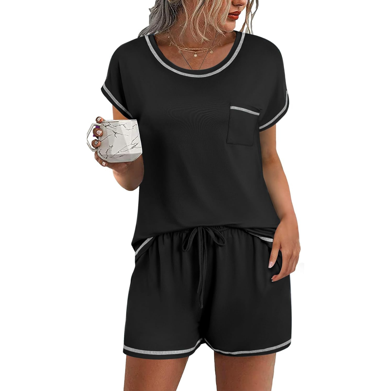 2 Piece Comfortable Pajama Set With Short Sleeve Top And Pocket Shorts For Women
