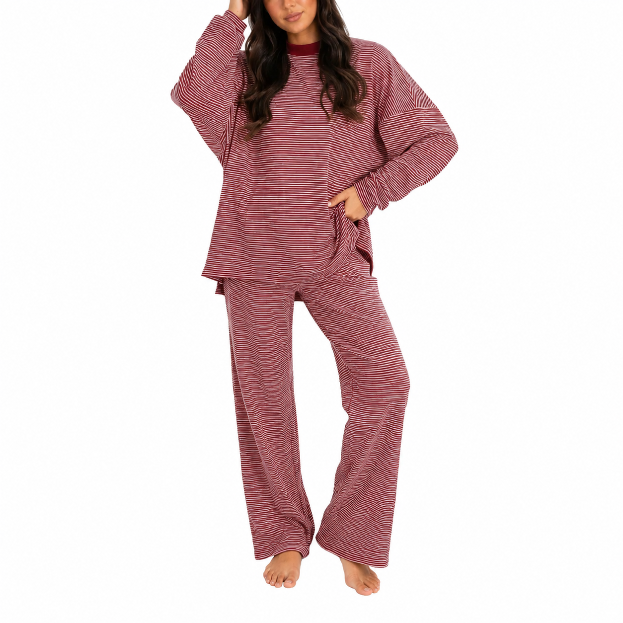 2 Pieces Wide Oversized Long Striped Cotton Loungewear For Women