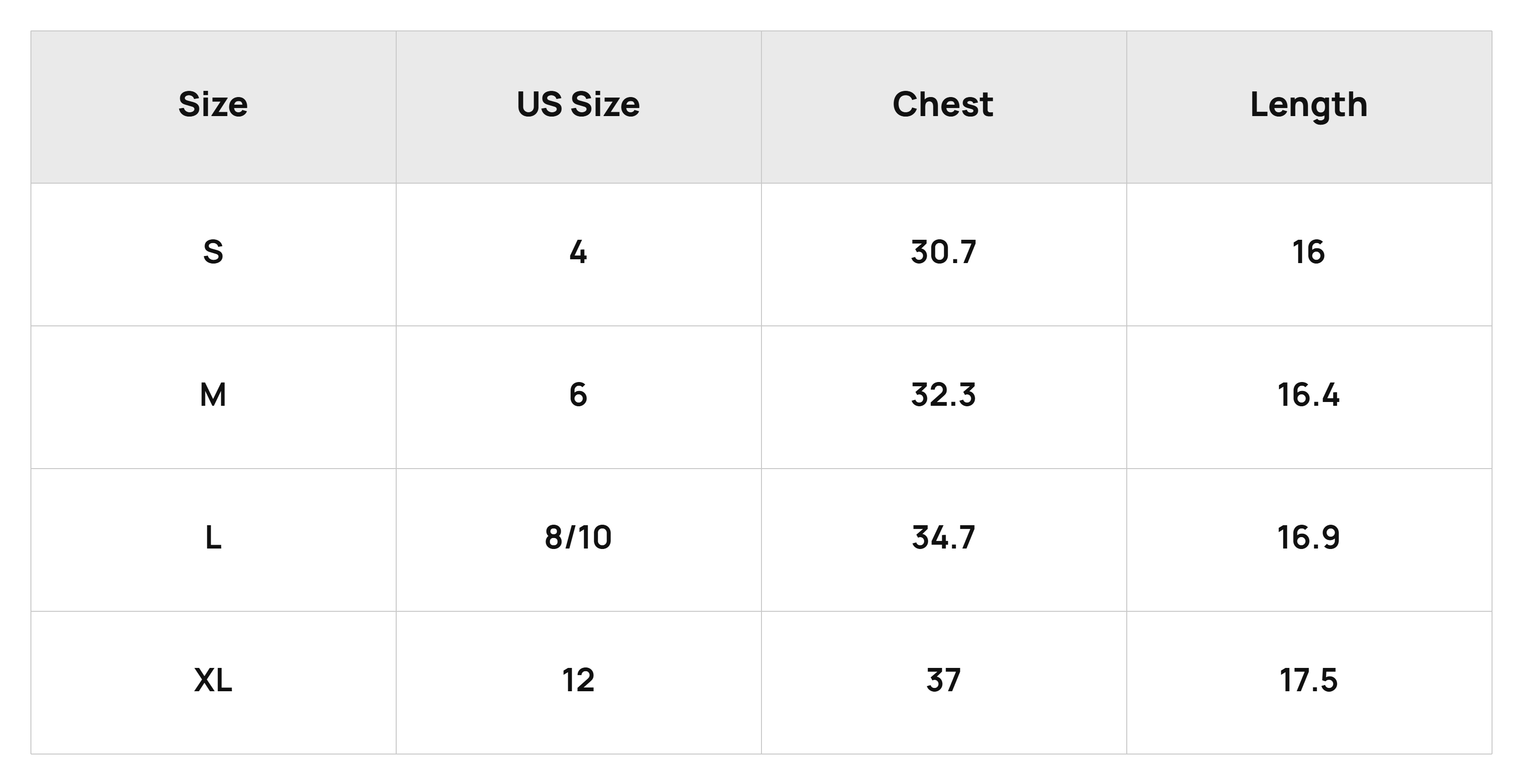 Size Chart Tops Product Size Chart