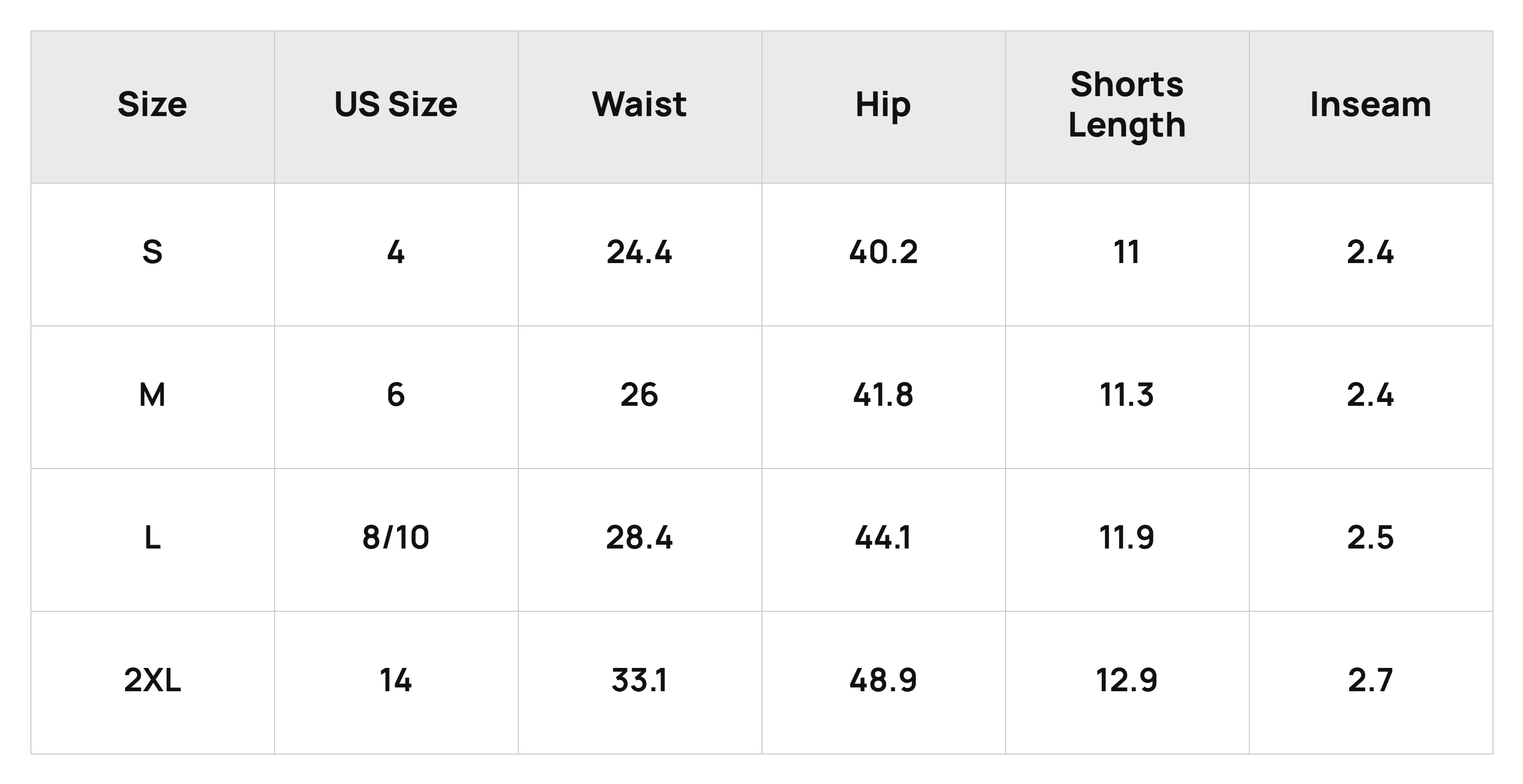 Size Chart Bottoms Product Size Chart