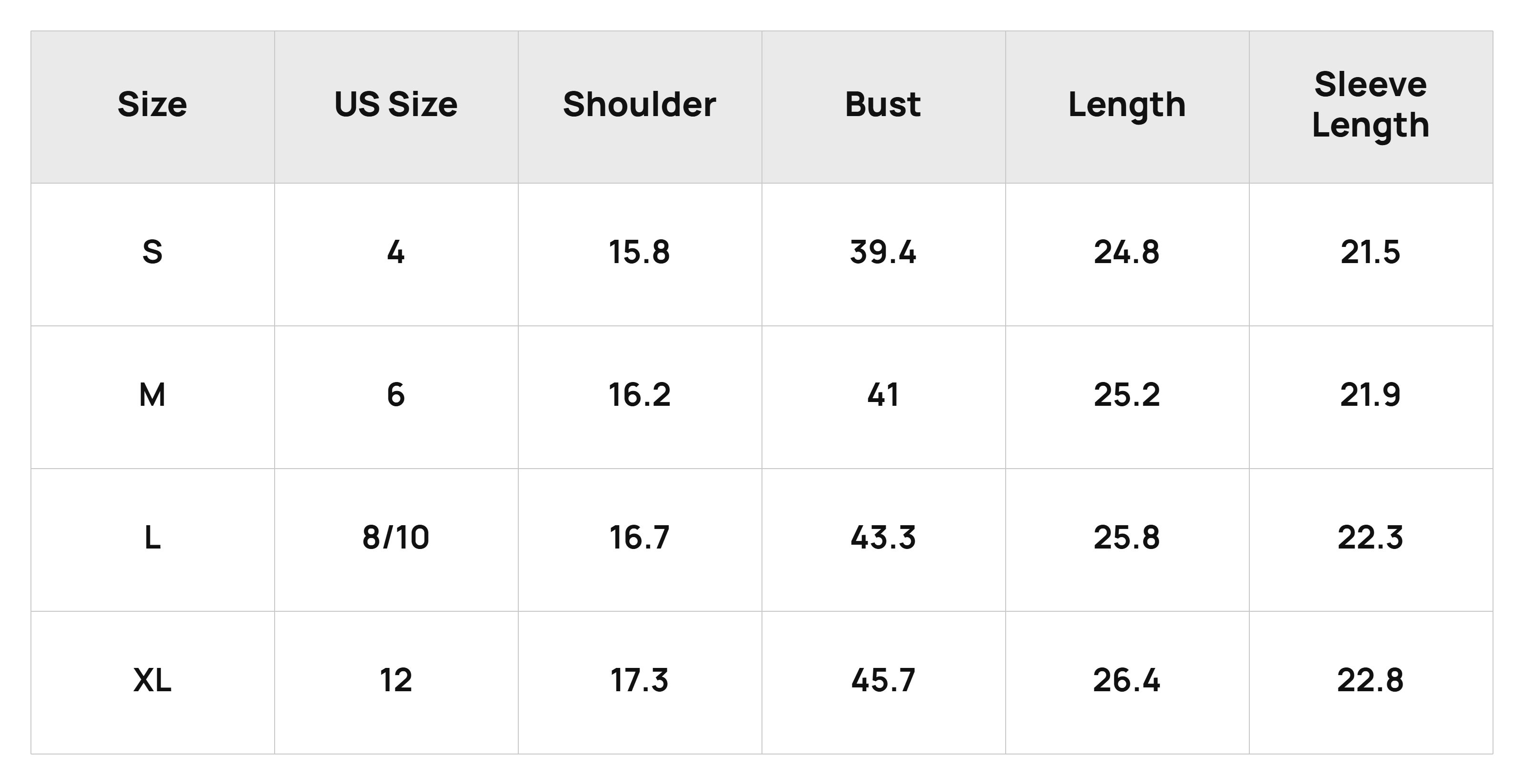 Size Chart Tops Product Size Chart