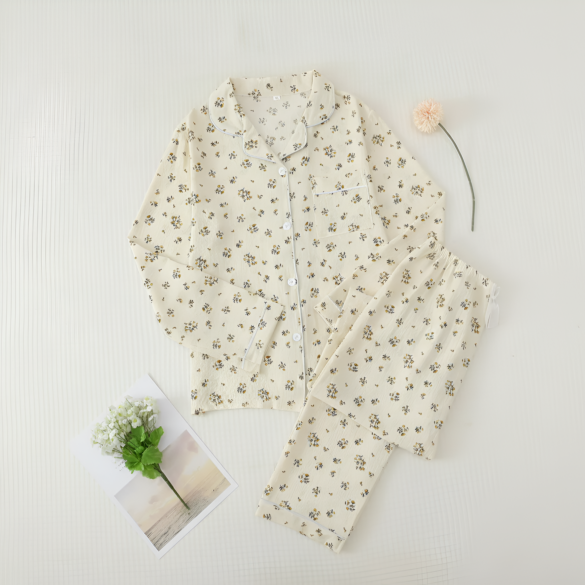 Printed Long Sleeve Pajama Set With Button Details For Women With Lapel Pocket