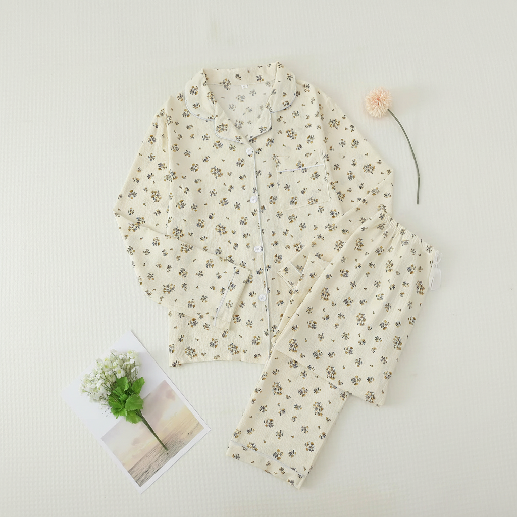 Printed Long Sleeve Pajama Set With Button Details For Women