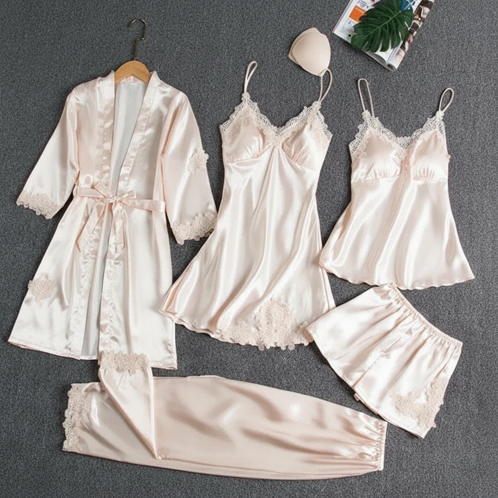 5 Piece Lace Trim Pajama Set With Robe And Lounge Pants