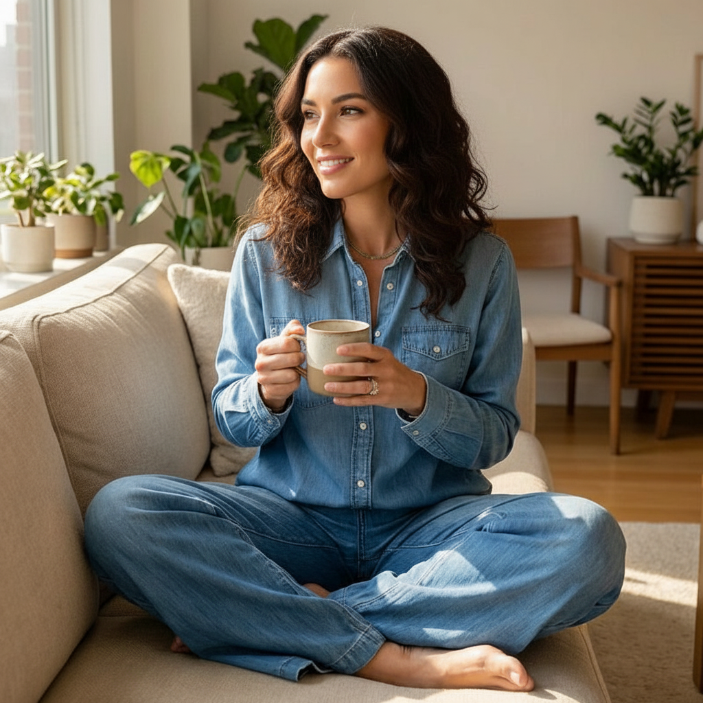 Faux Denim Pajama 2 Piece Set With Button Shirt And Lounge Pants