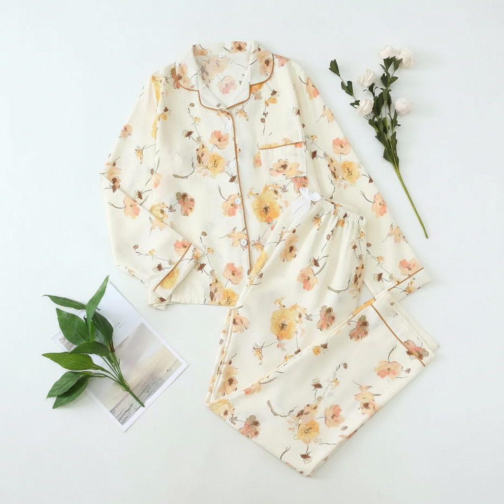 Printed Long Sleeve Pajama Set With Button Details For Women