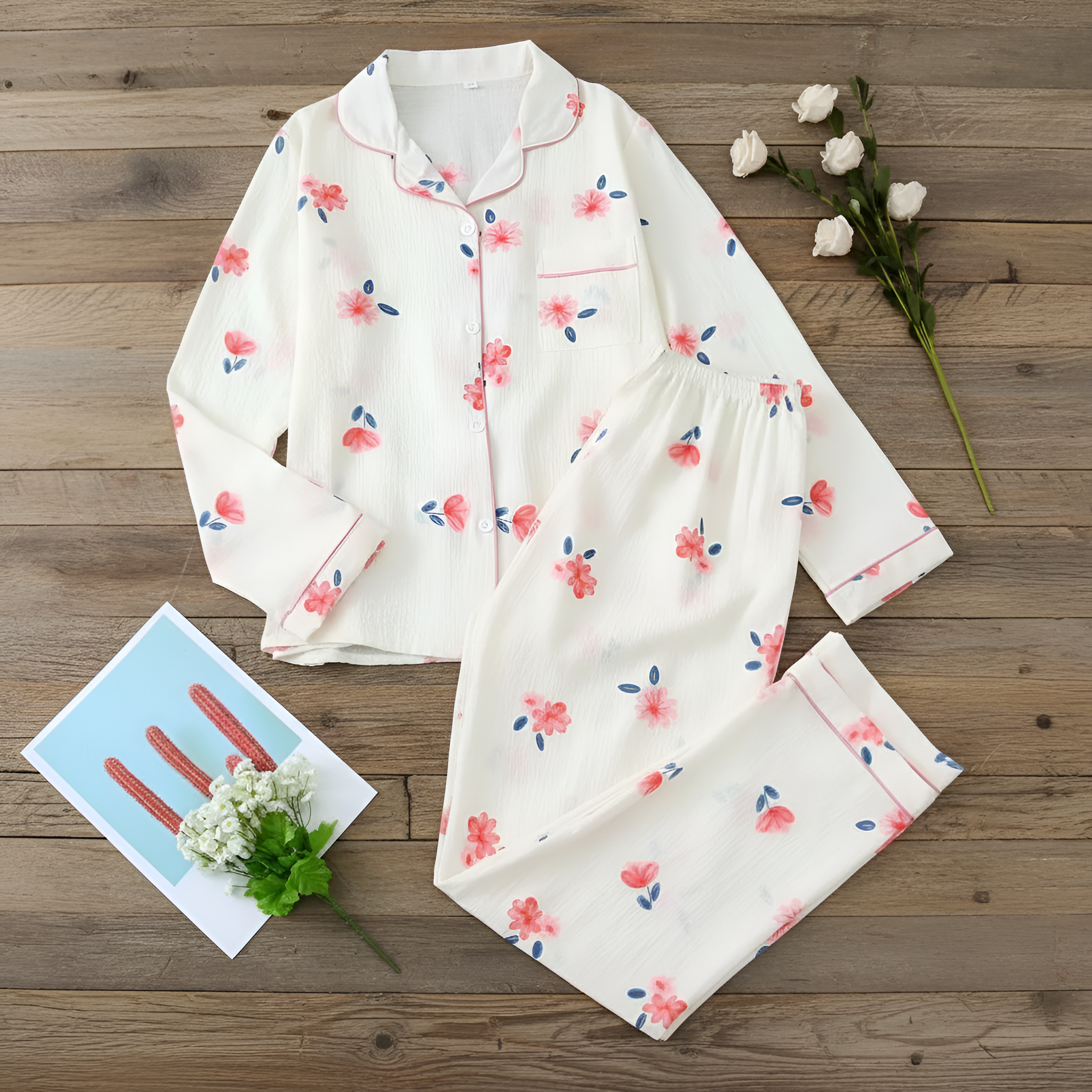 Printed Long Sleeve Pajama Set With Button Details For Women With Lapel Pocket