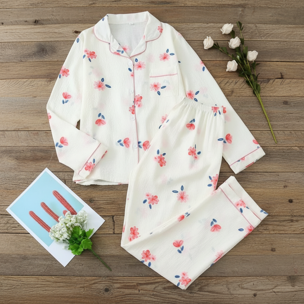 Printed Long Sleeve Pajama Set With Button Details For Women