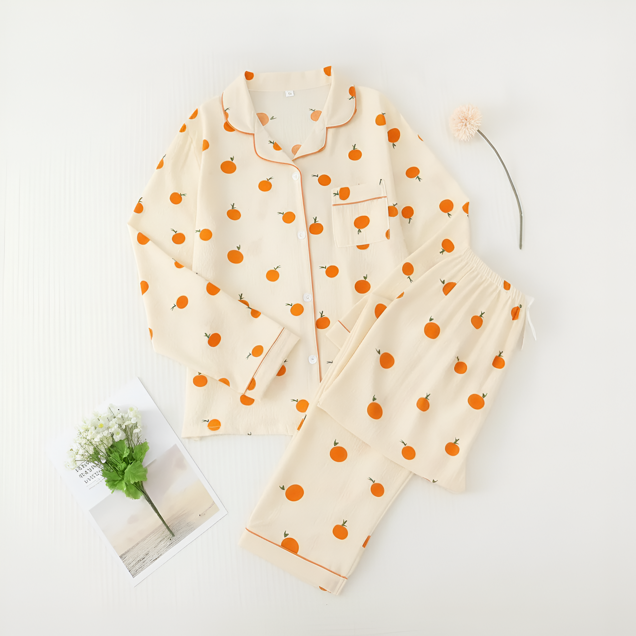 Printed Long Sleeve Pajama Set With Button Details For Women With Lapel Pocket