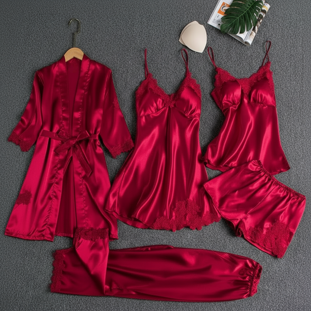 5 Piece Lace Trim Pajama Set With Robe And Lounge Pants