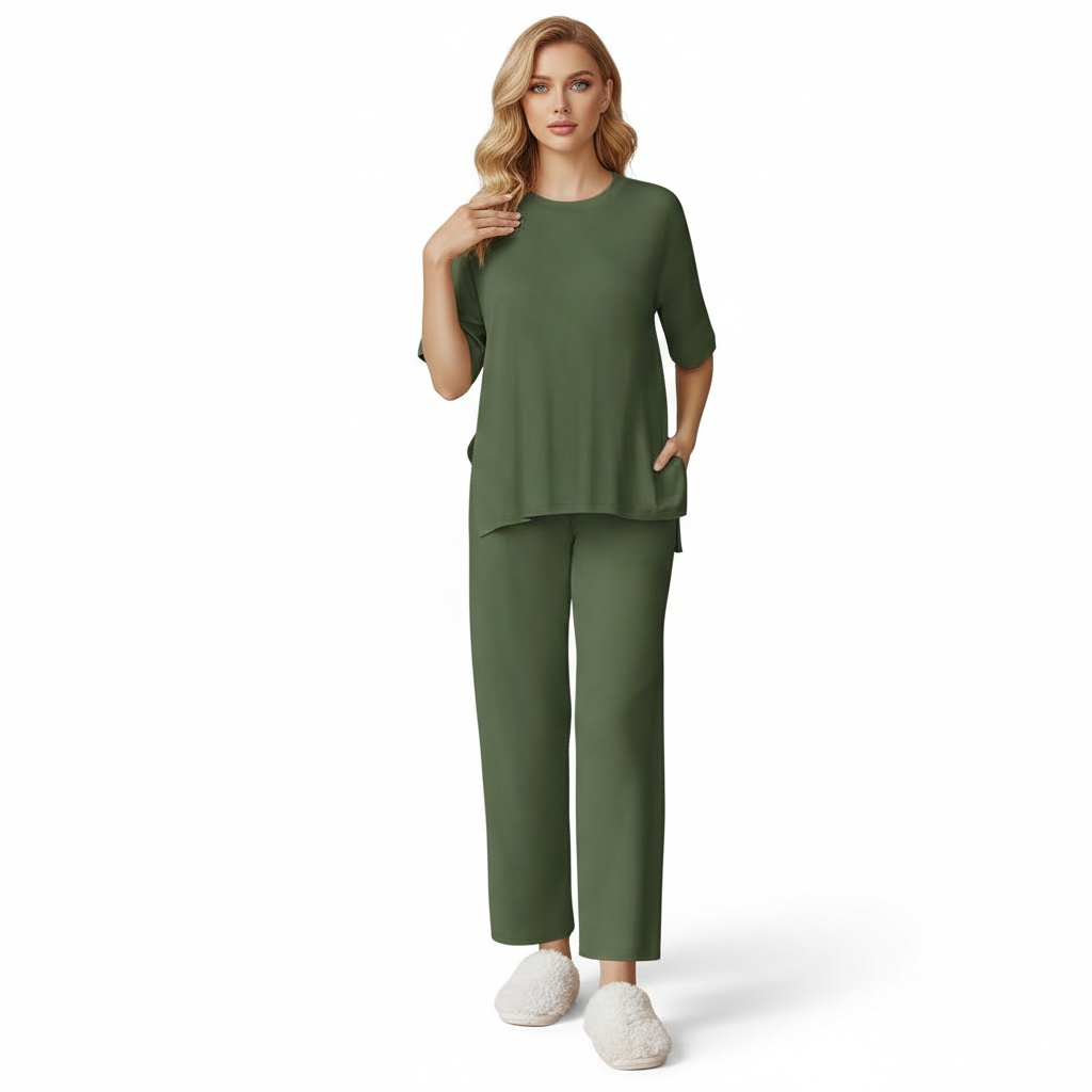 Two Piece Lounge Pajama Set With Short Sleeve Top And Pants For Women