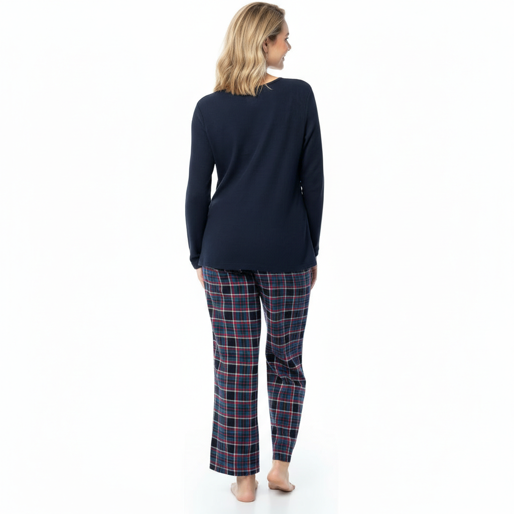 Long Sleeve Top And Plaid Pajama Set For Women