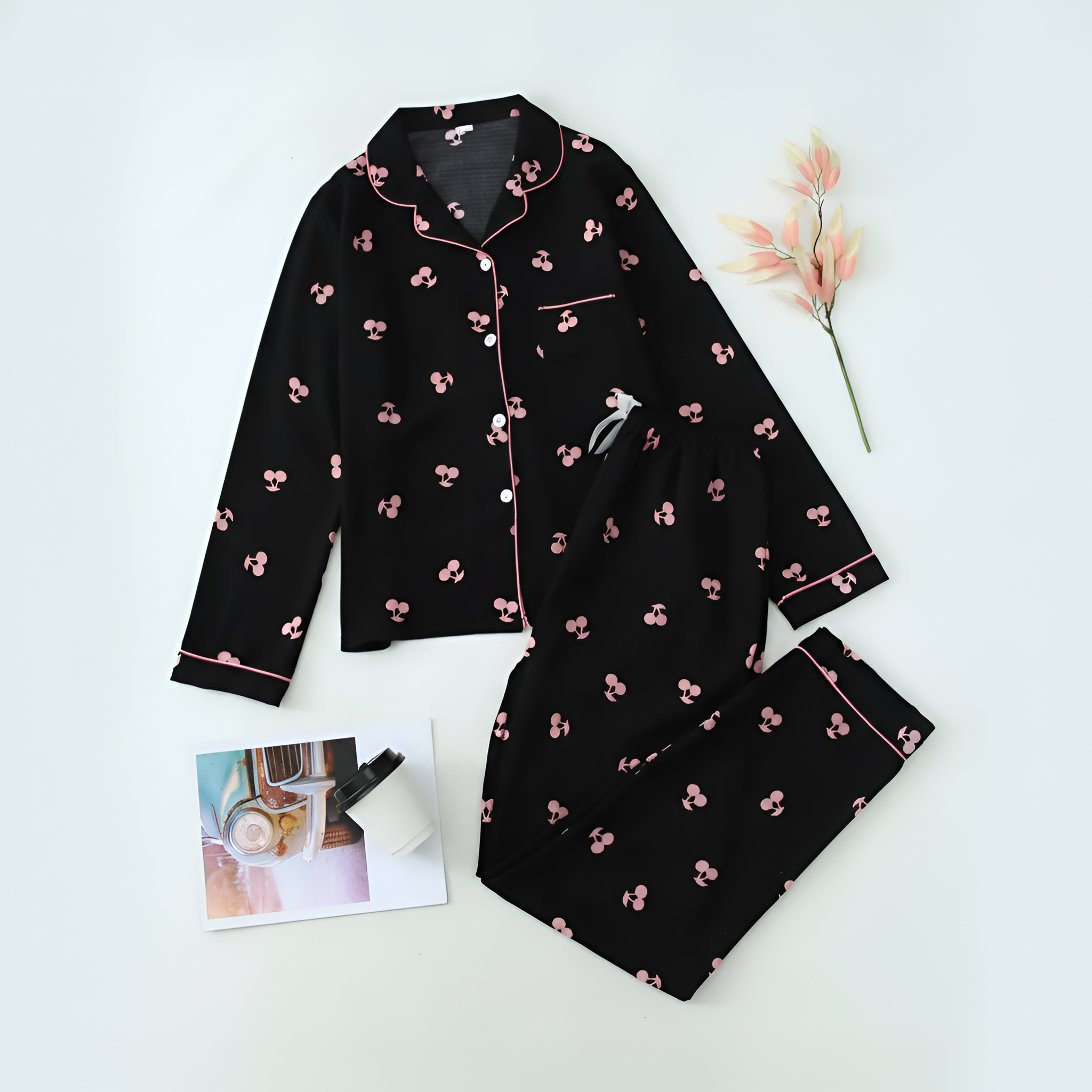 Printed Long Sleeve Pajama Set With Button Details For Women With Lapel Pocket